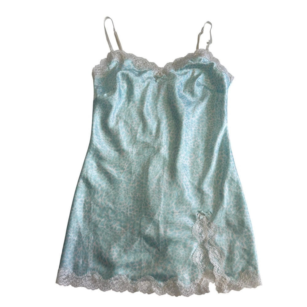 Victoria's Secret Blue Animal Print Satin Lace Trim Chemise Nightgown Small